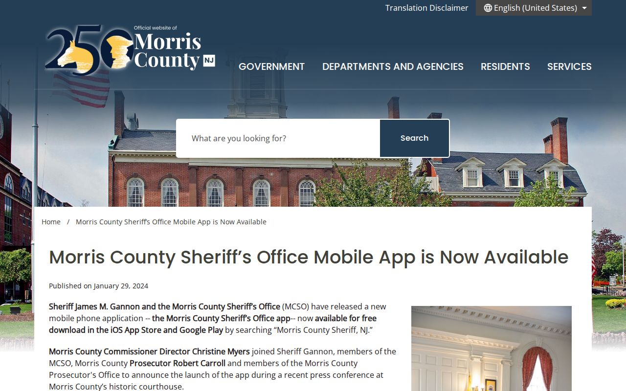 Morris County Sheriff app information for a 72-hour release check