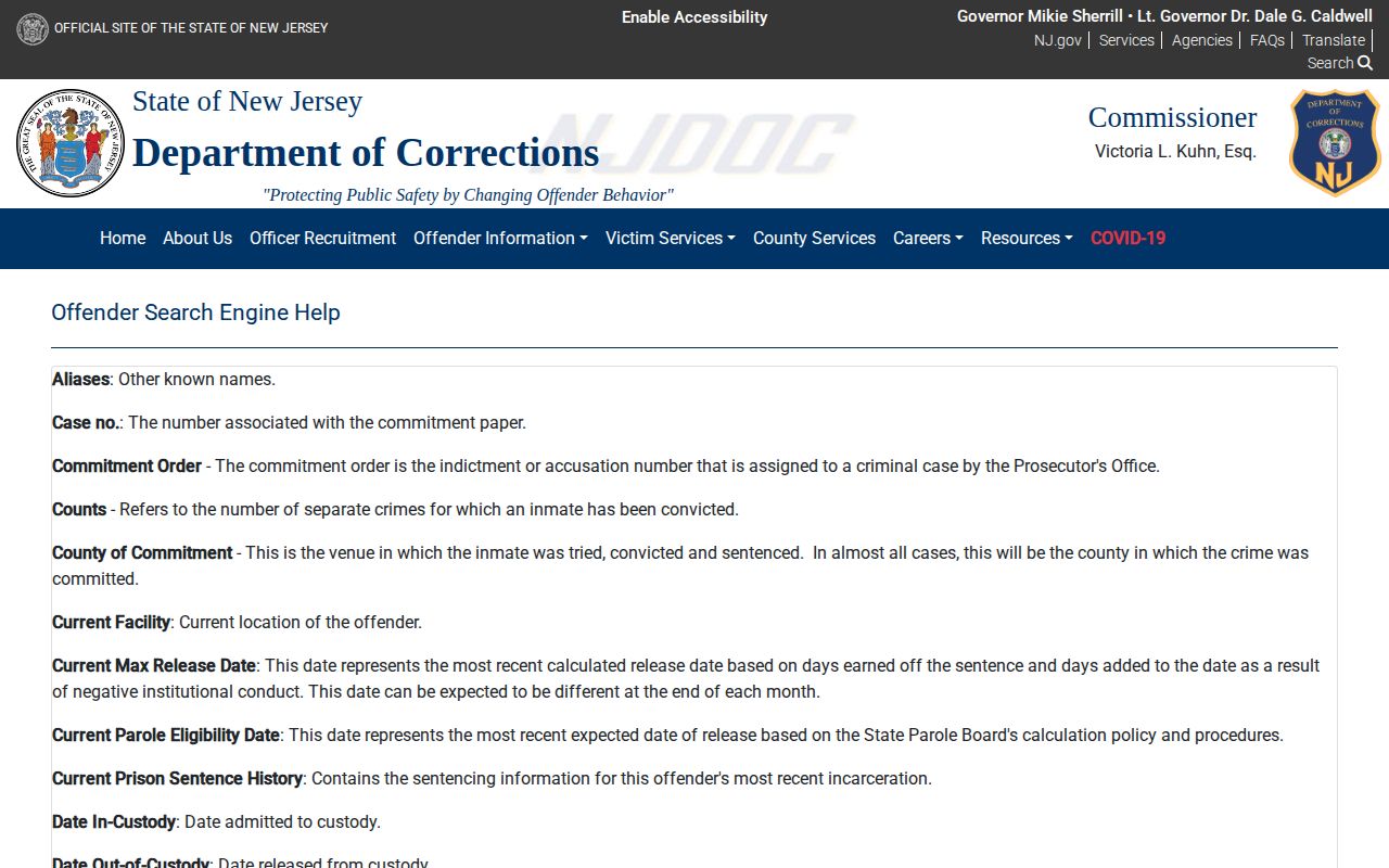Morris County release date definitions in the NJDOC offender search help
