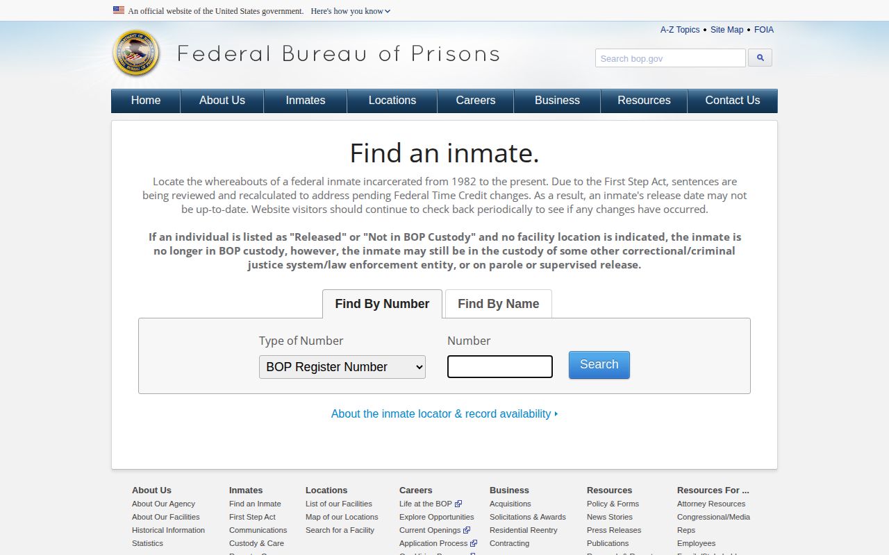 Federal Bureau of Prisons locator form for Morris County federal release records