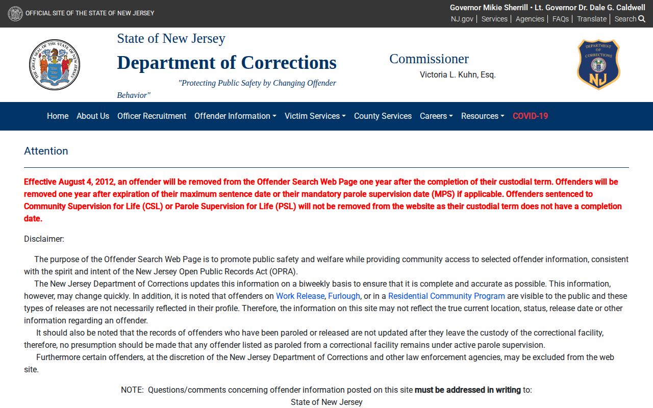 NJDOC offender search form for Morris County released inmates