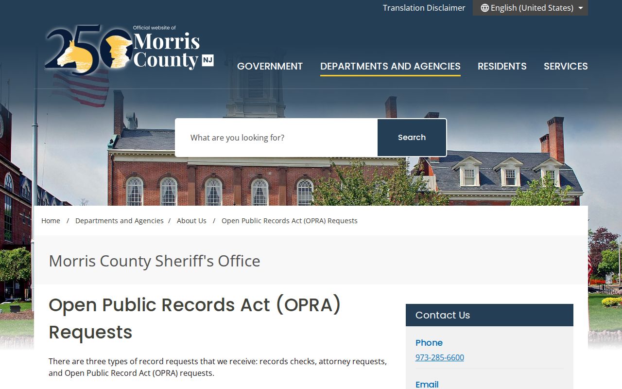 Morris County Sheriff release record OPRA request page